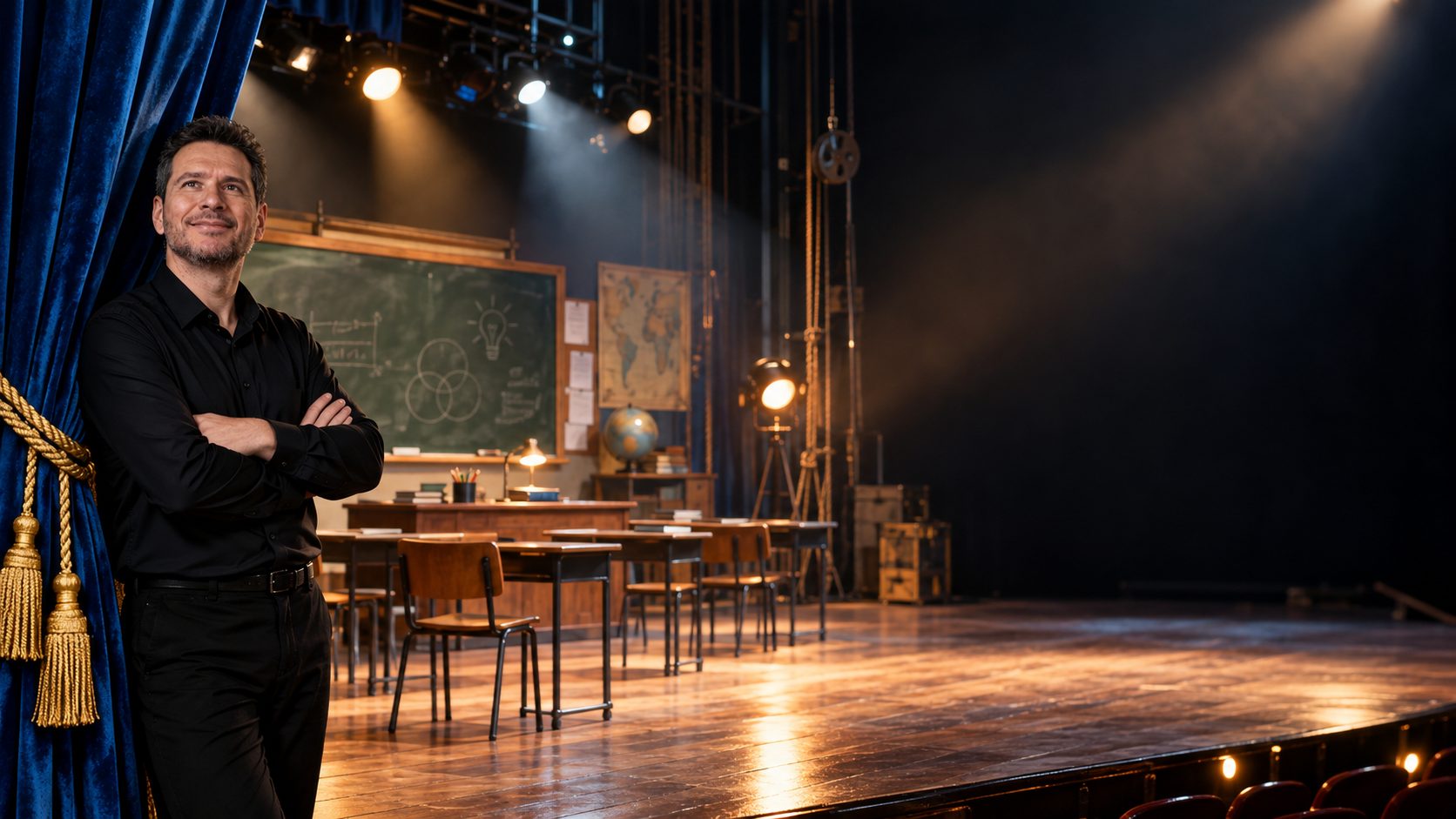 Cenografia ilustrativa: uma sala de aula montada sobre o palco de um teatro